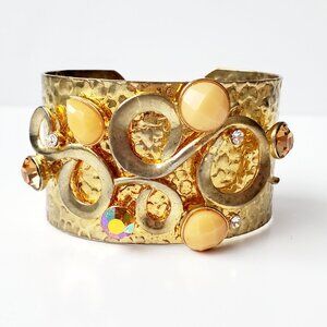 Hammered Wide Cuff Bangle Bracelet Embellished Gold Tone